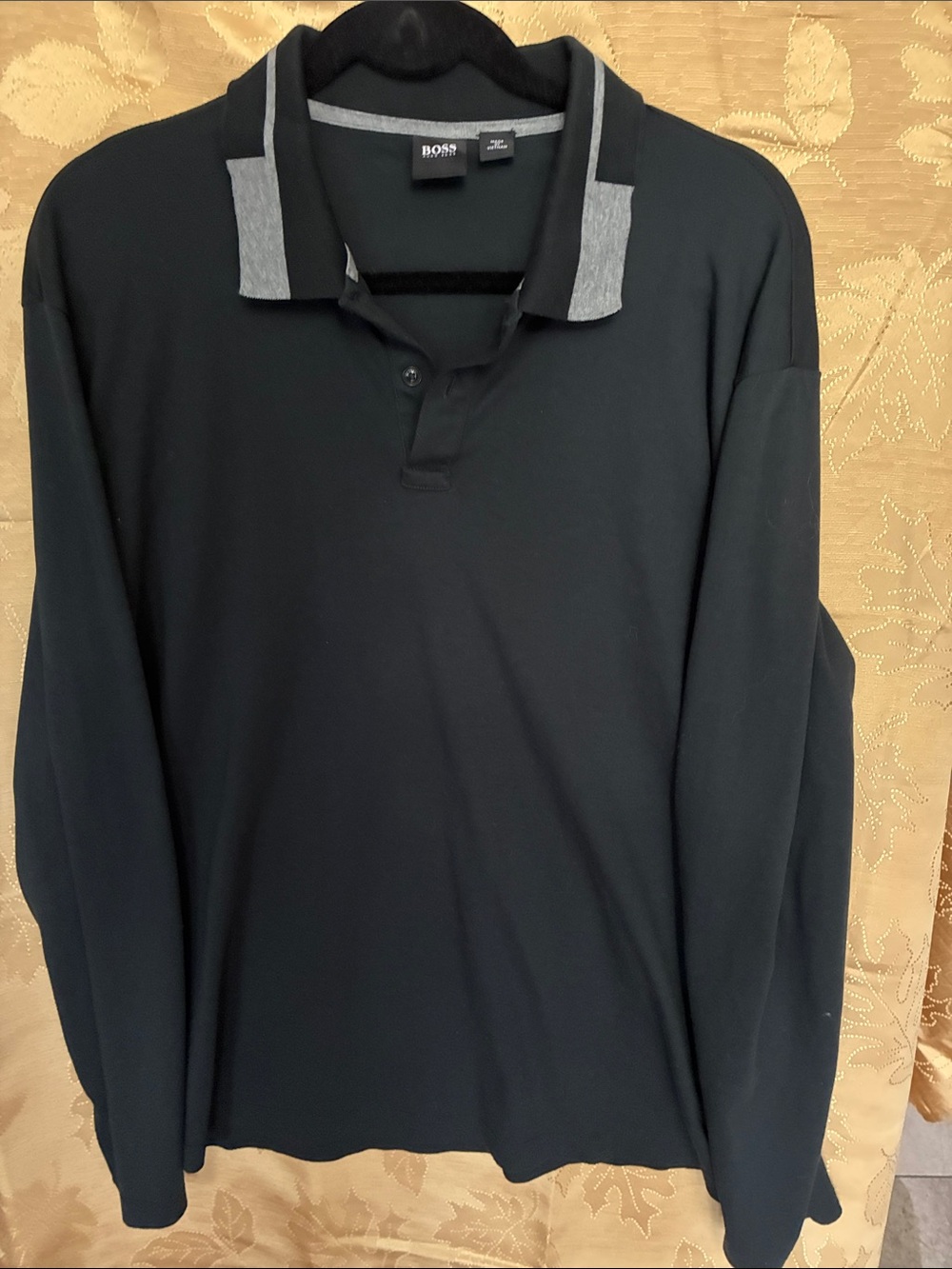 BOSS Long Sleeve Polo in Black with Gray Collar